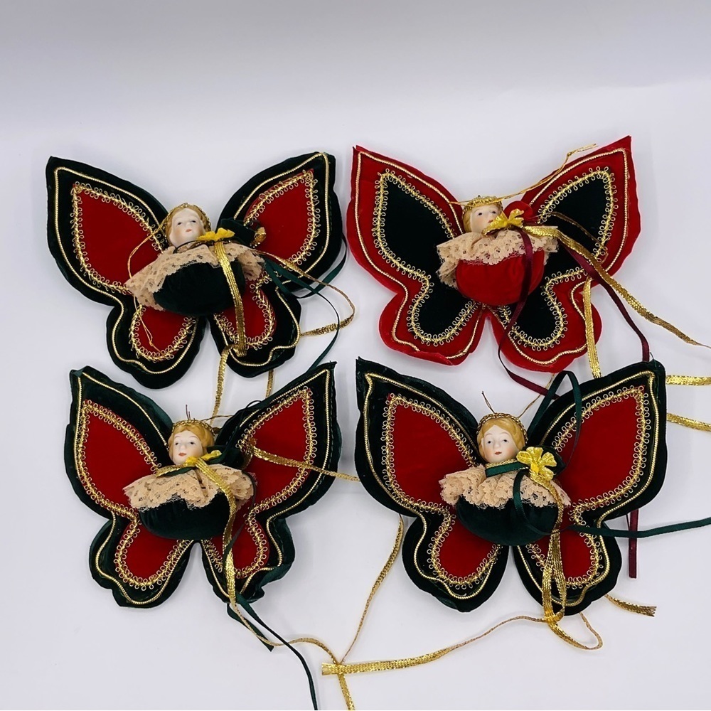 VTG Christmas ORNAMENT Set of 4 Angel Victorian Lady Butterfly Porcelain Bisque